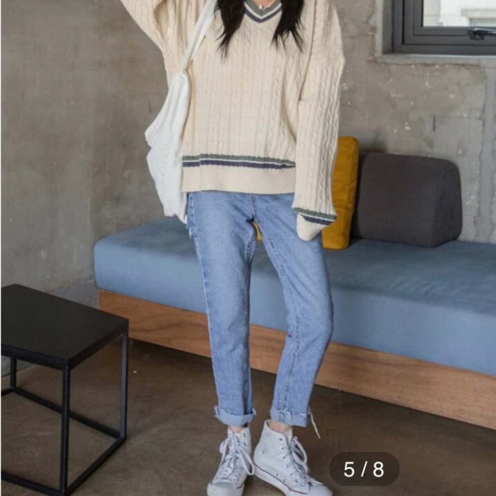 Striped Trim Drop Shoulder Cable Knit Cricket  Sz M